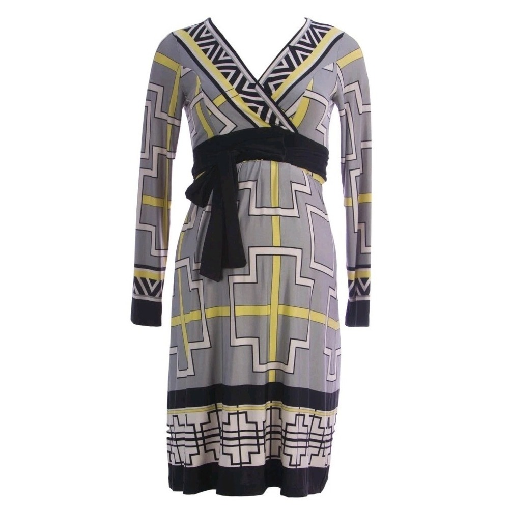 OLIAN Maternity Women's Grey Yellow Geometric Print Sandra Dress $143 NWT